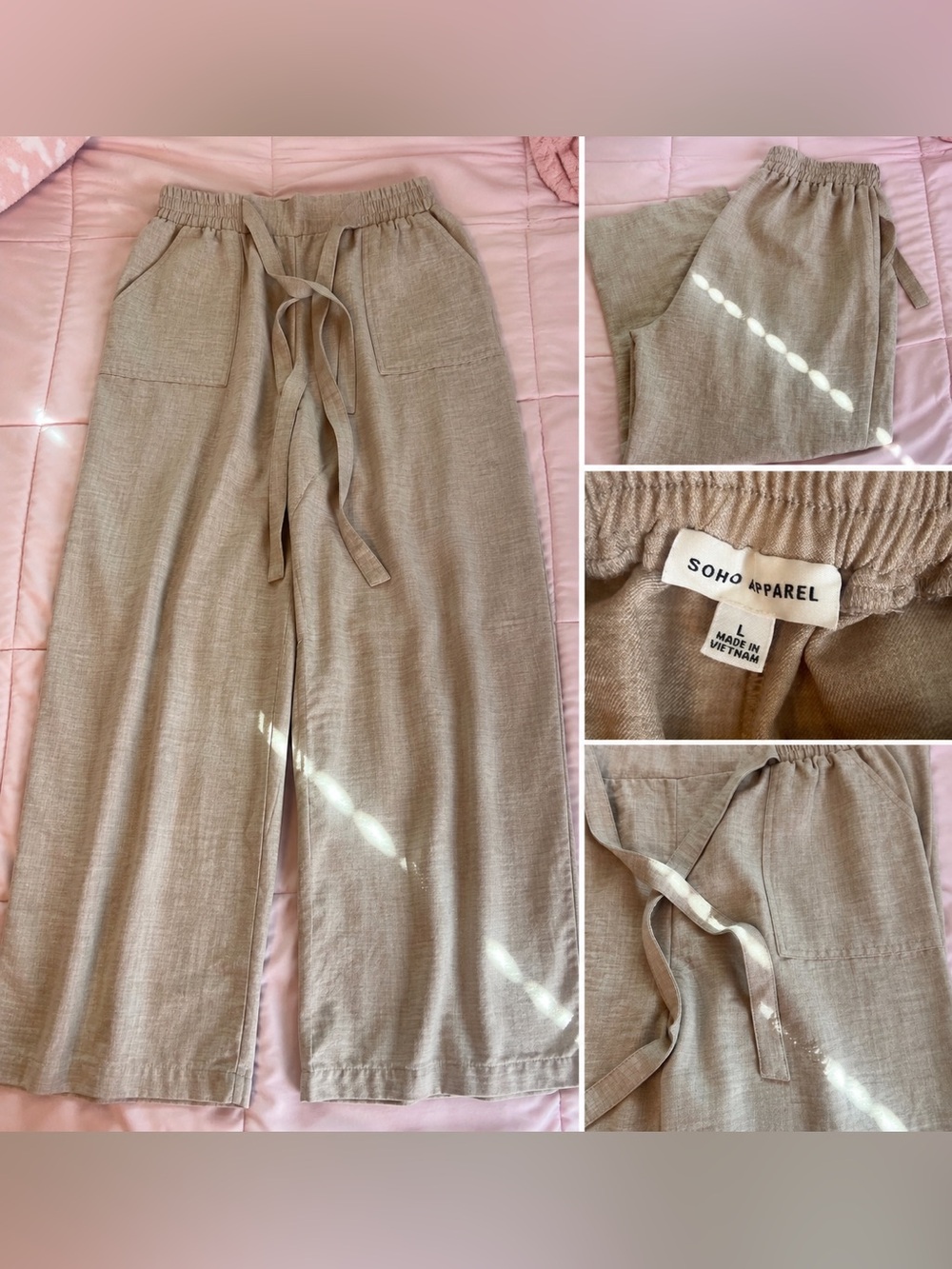 Soho Apparel Beige Linen-Look Wide Leg Pants – Size Large